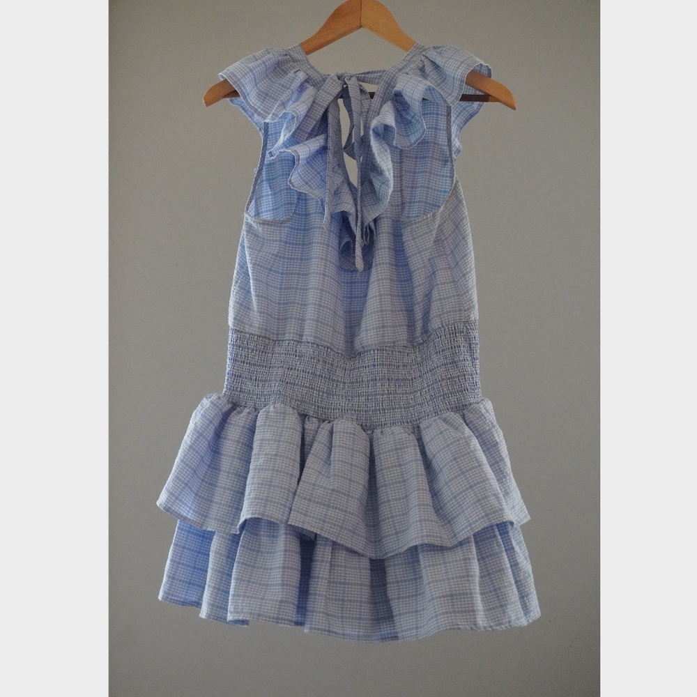 Day+Moon Blue Gingham Ruffle Dress w/ Built-In Shorts - Size Large - Picture 2 of 4